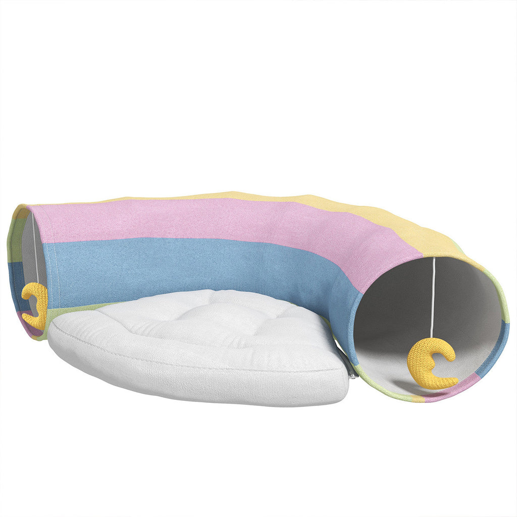 Monivärinen kissantunneli ja kissanpesä – pehmustettu alusta ja 2 lelua, taitettava rakenne