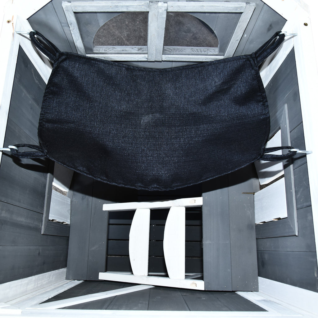 Kaksikerroksinen kissantalo ulos ja sisään – säänkestävä puinen kissatalo riippumatolla ja parvekkeella