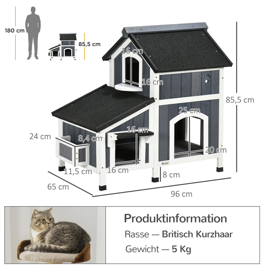 Tvåvånings kattkoja – väderbeständig kattkoja i trä, grå, för katter som väger upp till 7 kg