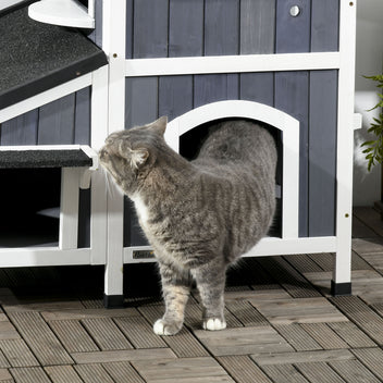 Tvåvånings kattkoja – väderbeständig kattkoja i trä, grå, för katter som väger upp till 7 kg