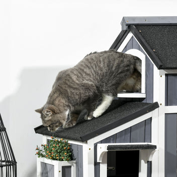 Tvåvånings kattkoja – väderbeständig kattkoja i trä, grå, för katter som väger upp till 7 kg