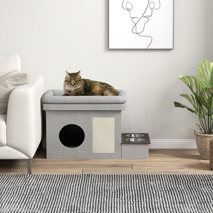 Tvåvånings kattstuga med klösmatta och ergonomisk matstation – grå/krämvit