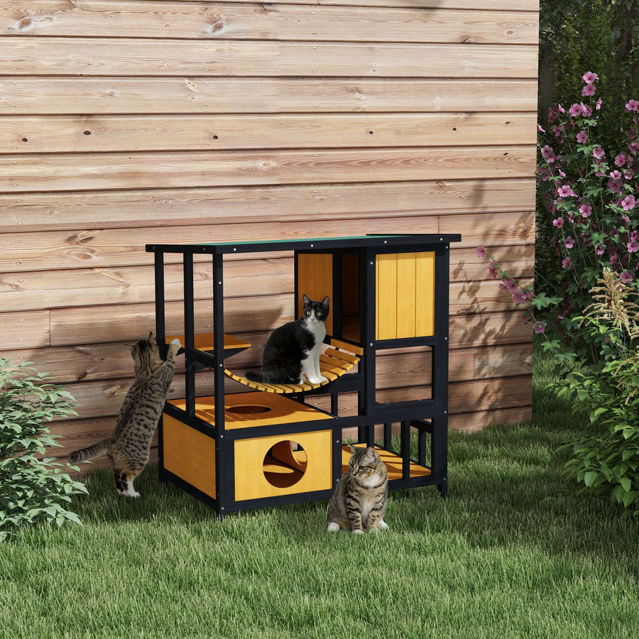 Kattstuga för två katter – kattstuga i trä med hängbro, plattform och solterrass