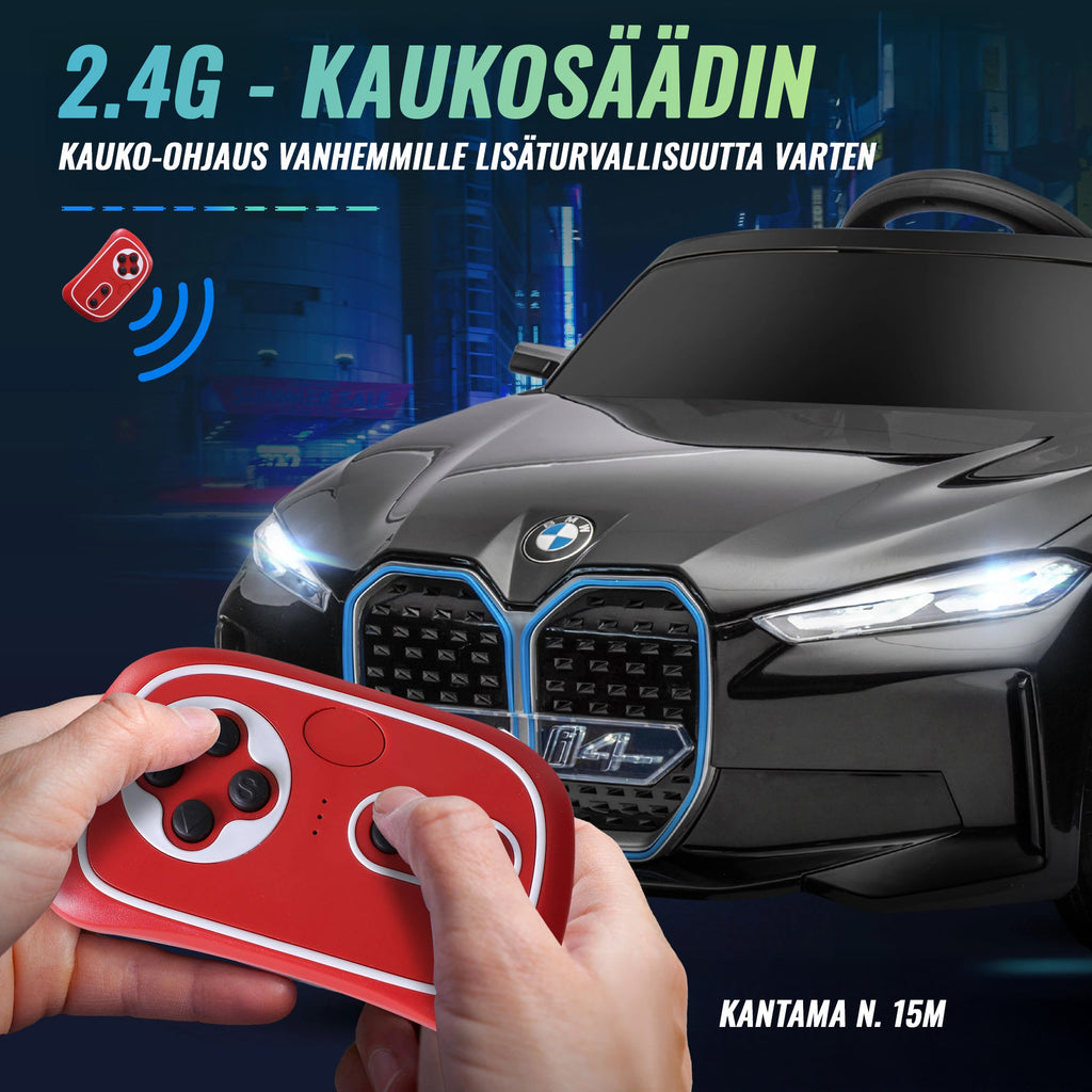 Lasten sähköauto BMW I4 – turvavyö, kaukosäädin ja multimediasoitin, 12V akku