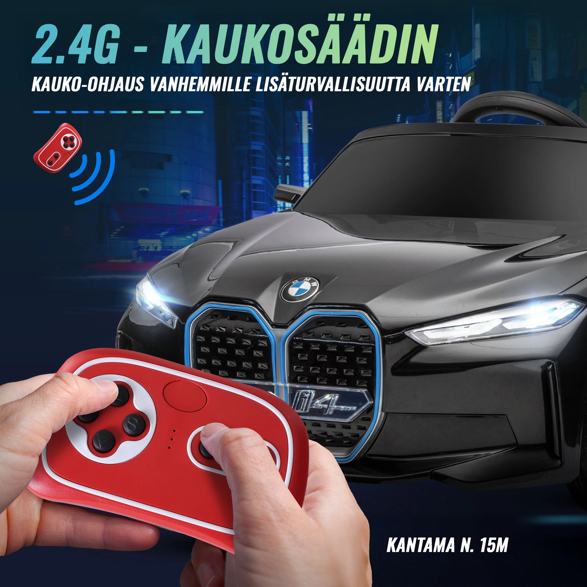 Lasten sähköauto BMW I4 – turvavyö, kaukosäädin ja multimediasoitin, 12V akku