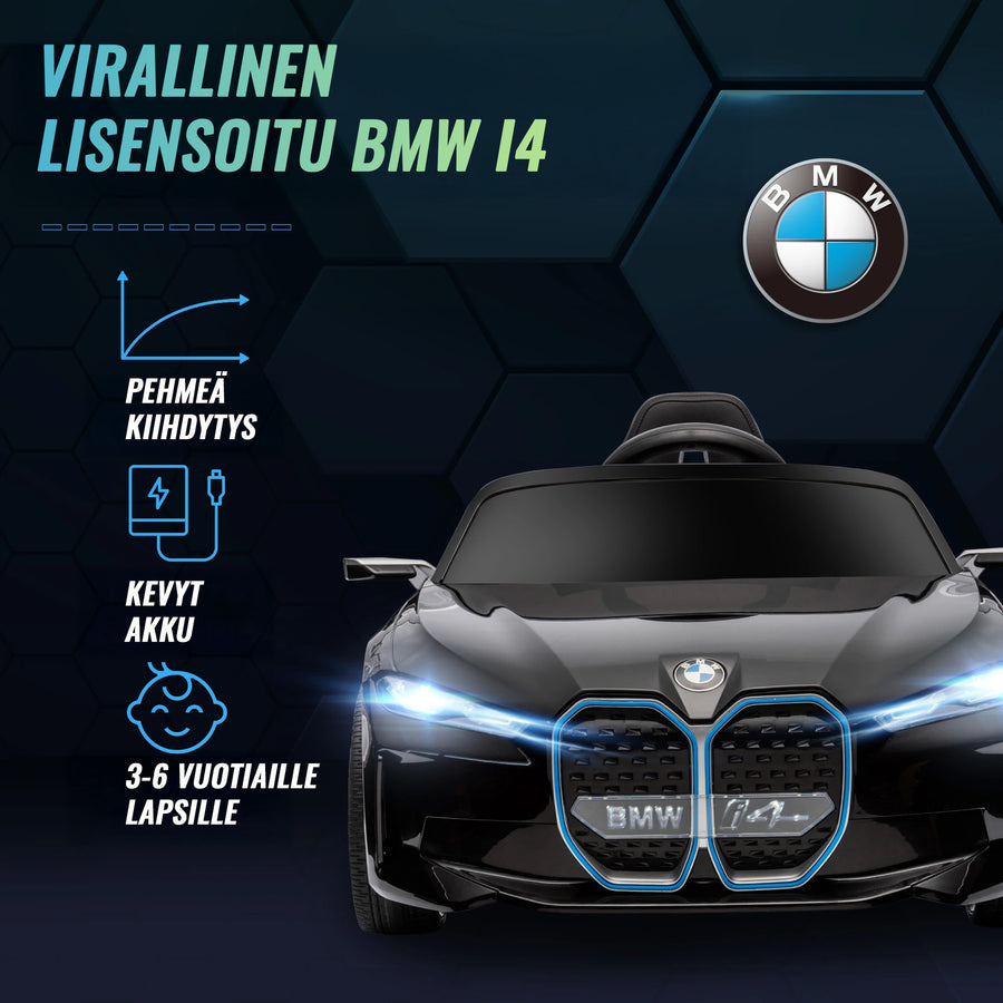Elbil för barn BMW I4 – säkerhetsbälte, fjärrkontroll och multimediaspelare, 12 V-batteri