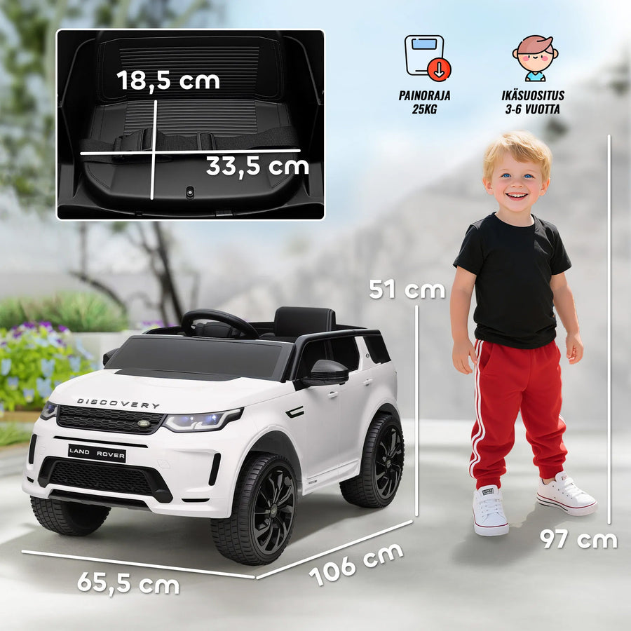 Land Rover Discovery Sport elbil för barn 12V – vit, fjärrstyrd, ljus och musik