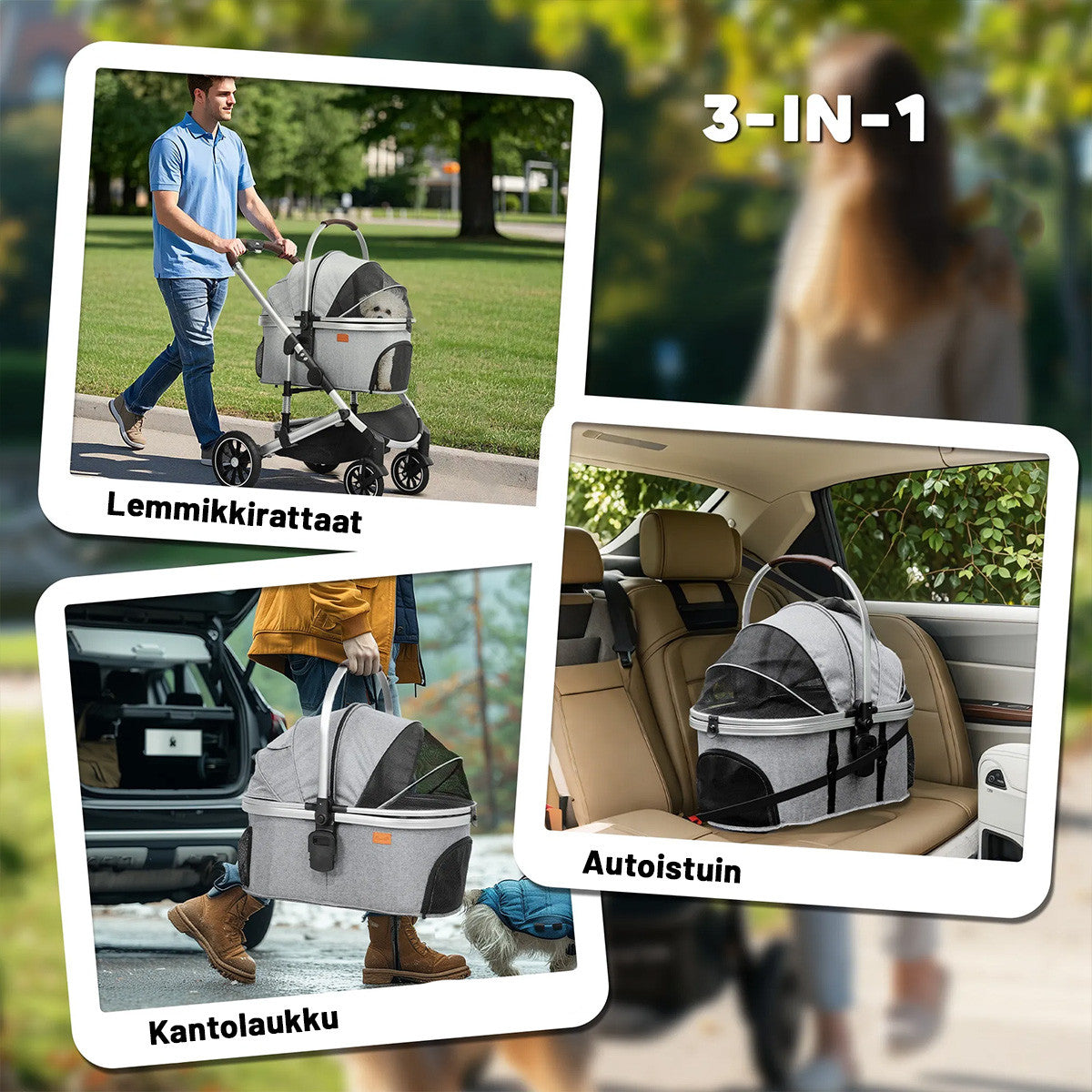 3-in-1 lemmikkirattaat pienille eläimille – taitettava alumiinirunko, max 10 kg, harmaa