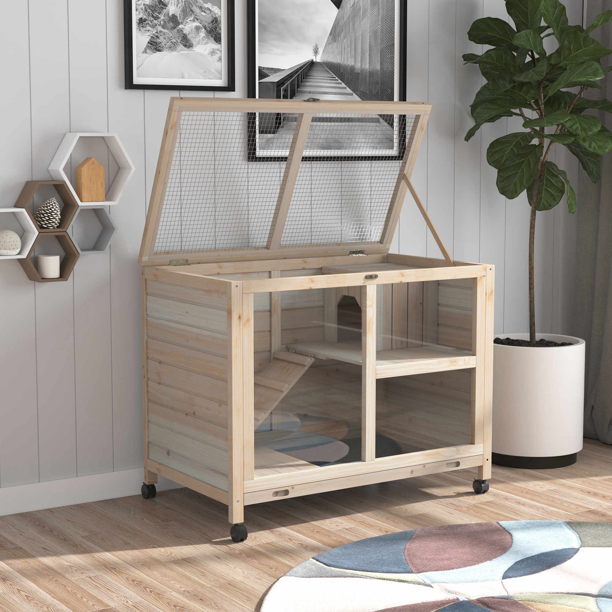 Kaksitasoinen pieneläinhäkki sisäkäyttöön – kuusipuinen lemmikkihäkki kaneille ja marsuille