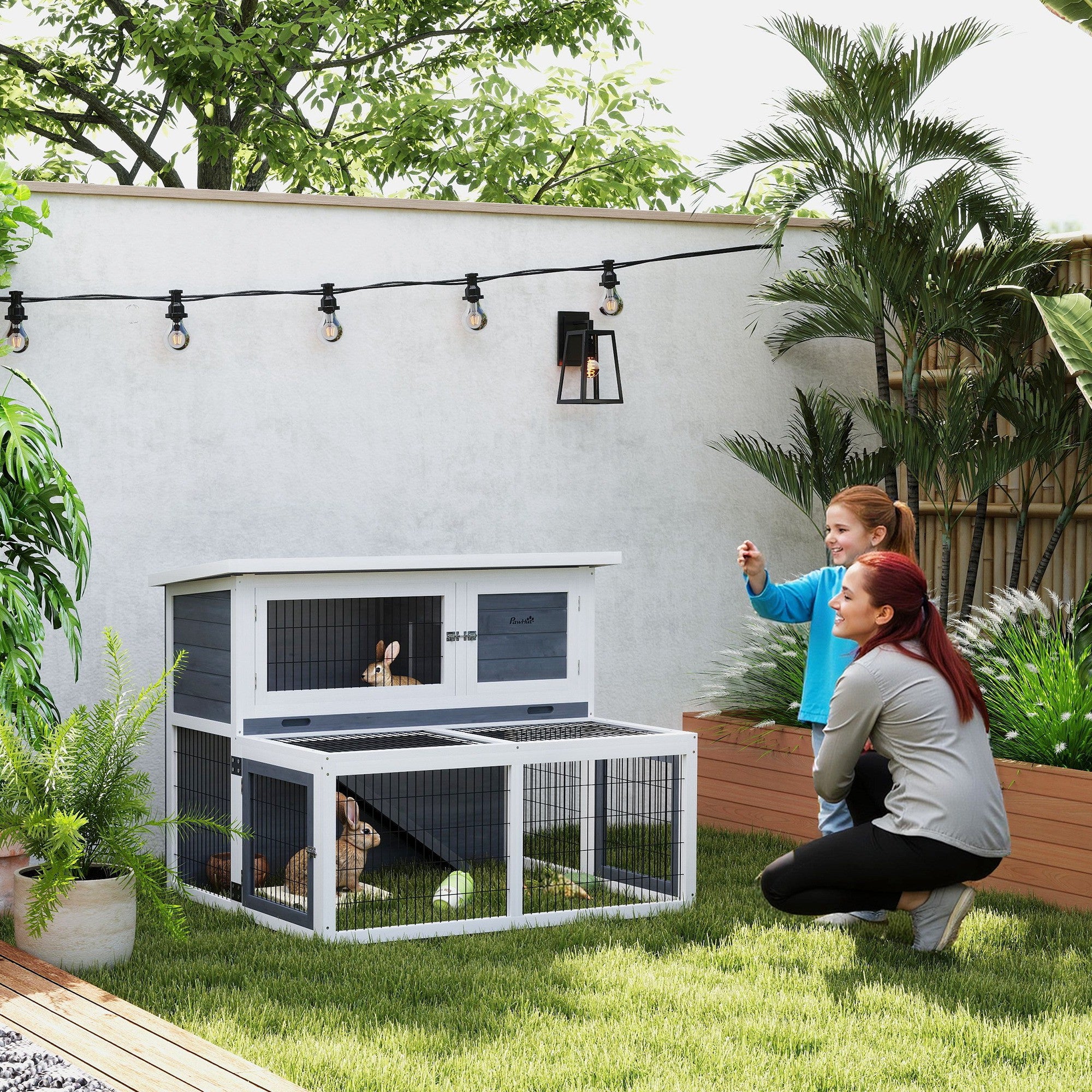 Ulkokanin häkki 2–3 kanille – kaksikerroksinen kanien ja marsujen puuhasteluhäkki, kuusipuu & asfalttikatto