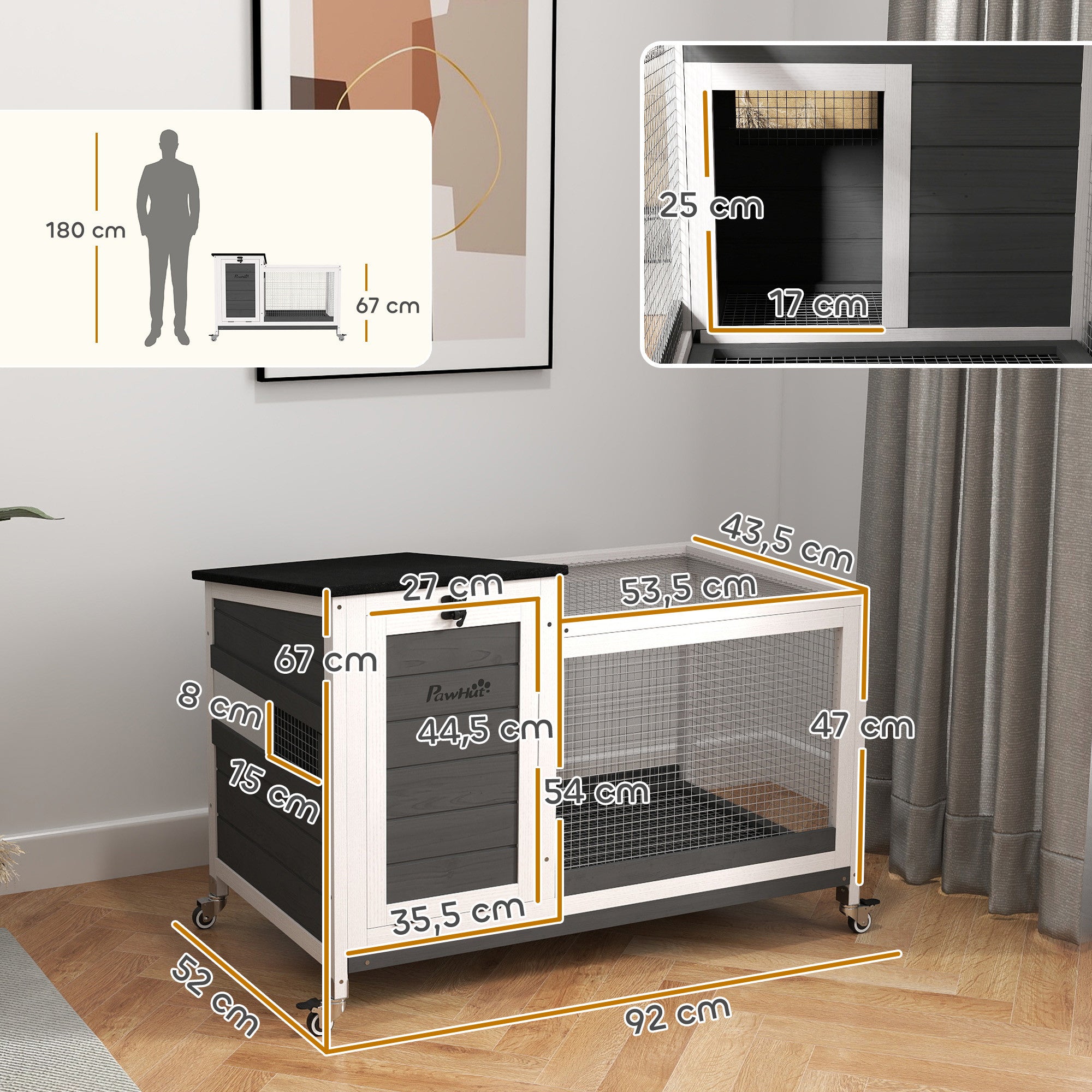 Pieneläinhäkki pyörillä – helppo puhdistaa, säänkestävä kaninaitaus 92x52x67 cm