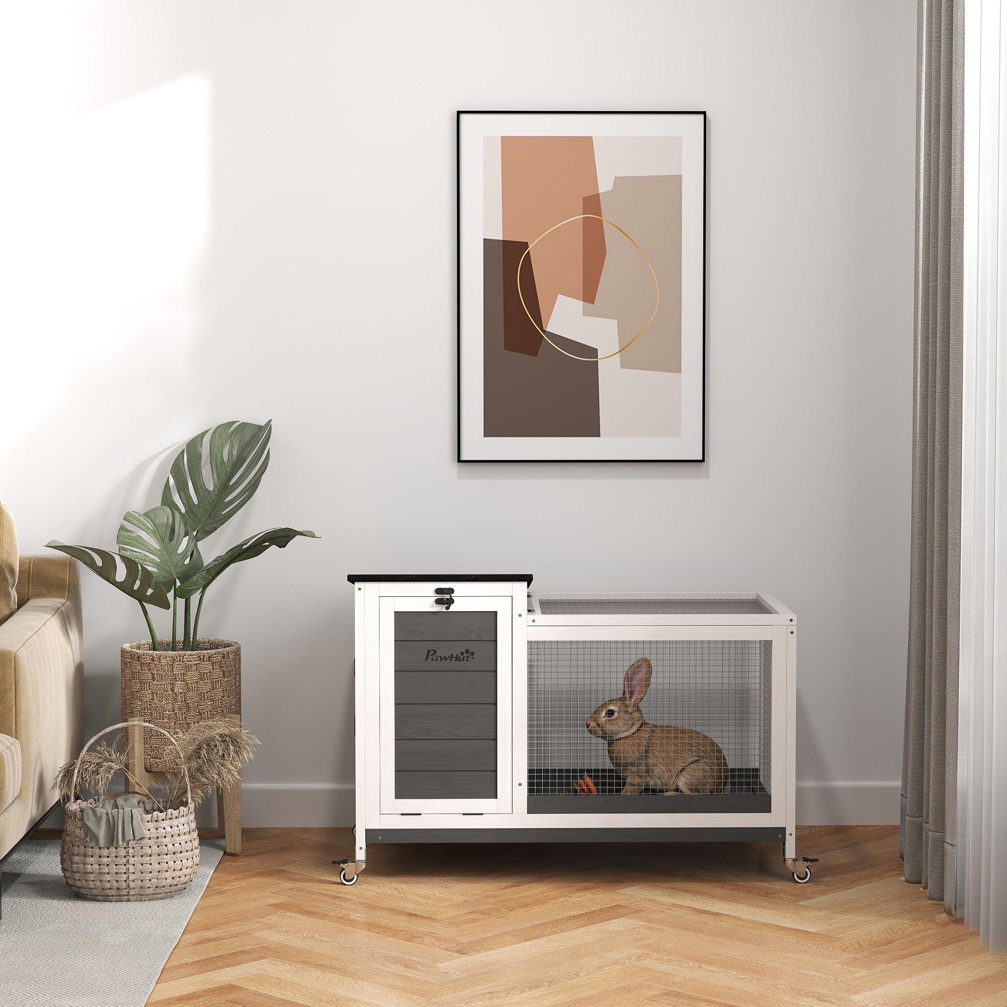 Pieneläinhäkki pyörillä – helppo puhdistaa, säänkestävä kaninaitaus 92x52x67 cm