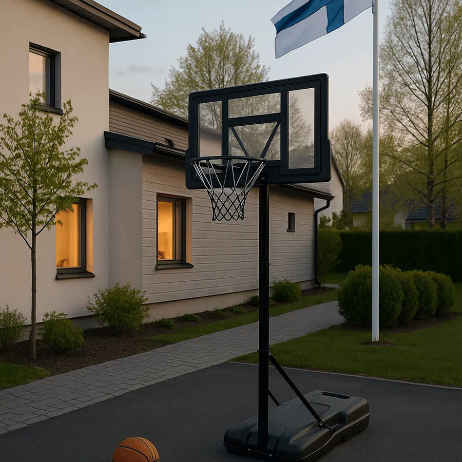 Basketkorg 1,35–3,05 m – 45 cm ring, 110 x 75 cm skiva, stativ med hjul