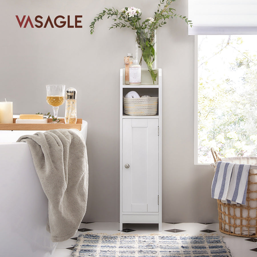 VASAGLE Vitt badrumsskåp – 18 x 20 x 80 cm, justerbara hyllor, lackerad MDF