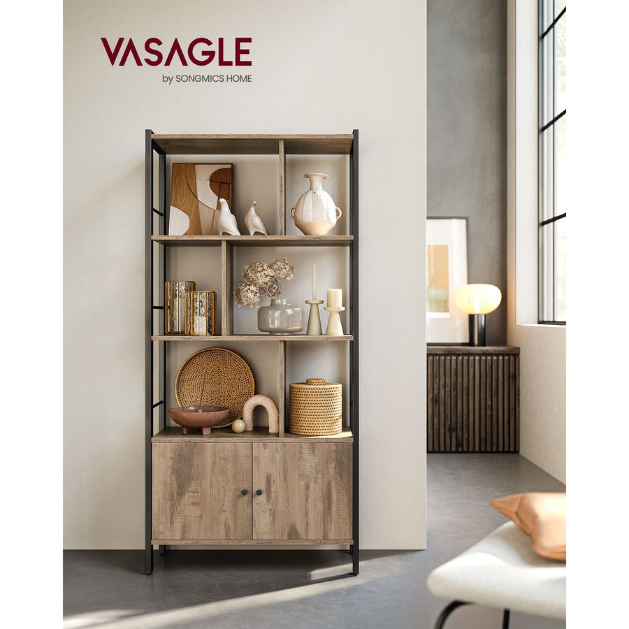 VASAGLE bokhylla med dörrskåp – rostad ek och svart stål, trappstegsdesign