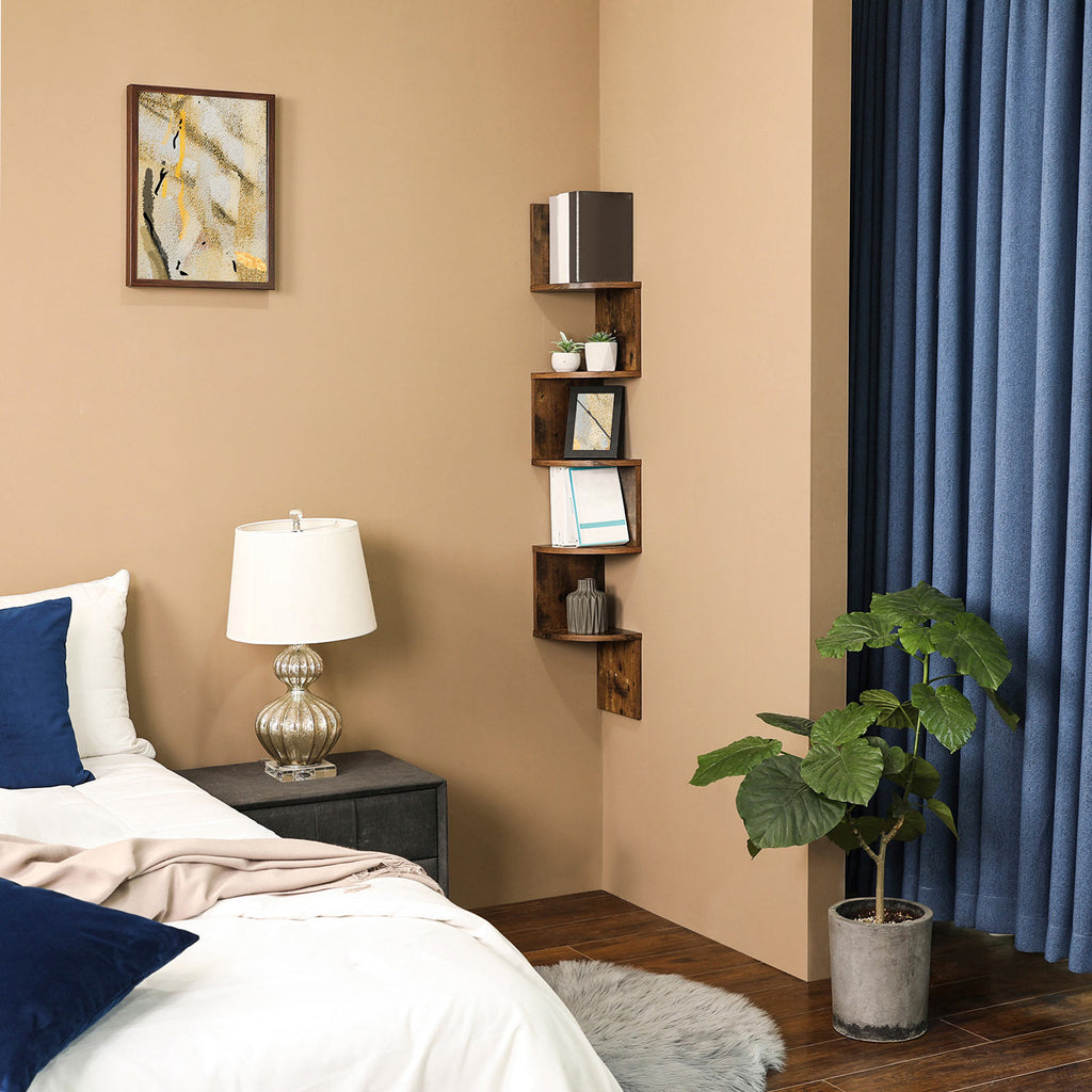 VASAGLE Rustiikinruskea kulmahylly 5 tasolla – siksak-design ja kestävä lastulevyrakenne pieniin tiloihin