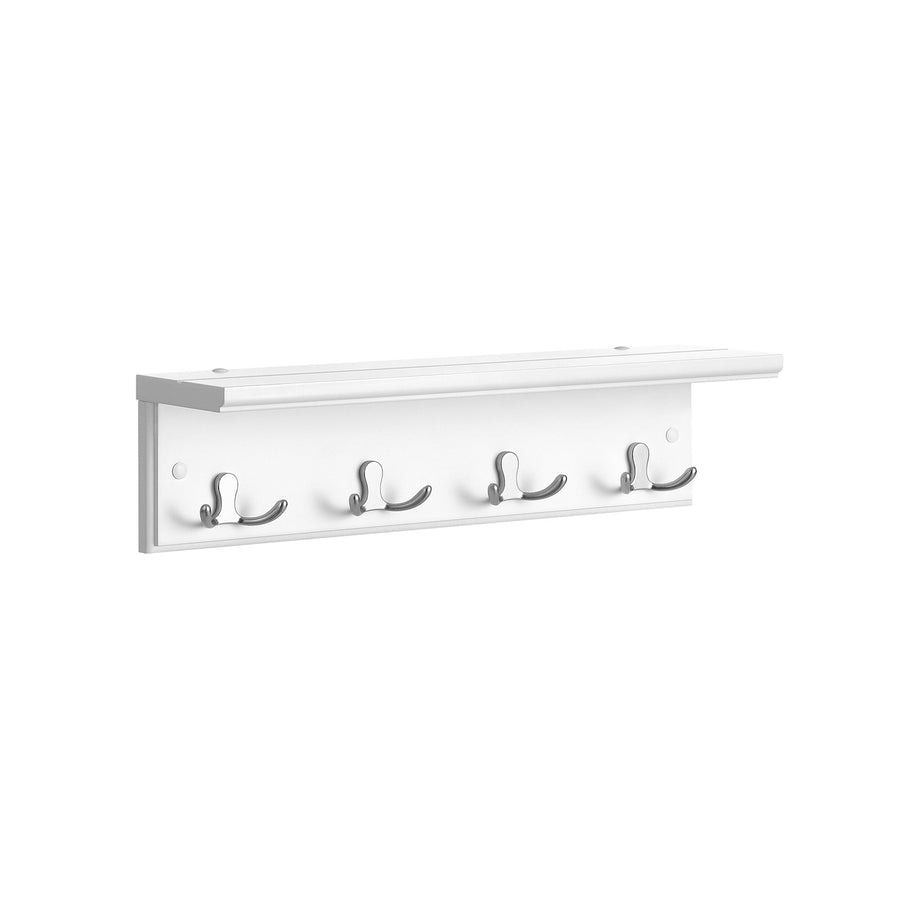 SONGMICS Valkoinen seinänaulakko – 4 tuplakoukkua, MDF ja metallirakenne, koristehylly, 40 x 10,5 x 10,5 cm