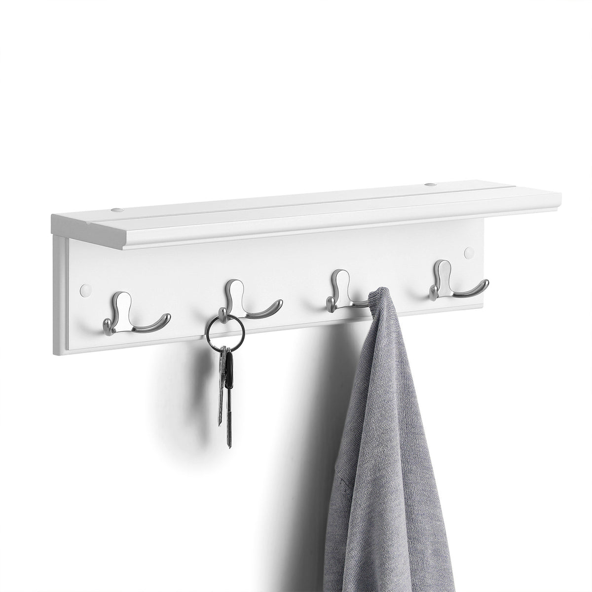 SONGMICS Vit väggkrokställning – 4 dubbla krokar, MDF- och metallkonstruktion, dekorativ hylla, 40 x 10,5 x 10,5 cm