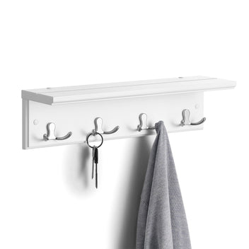 SONGMICS Vit väggkrokställning – 4 dubbla krokar, MDF- och metallkonstruktion, dekorativ hylla, 40 x 10,5 x 10,5 cm