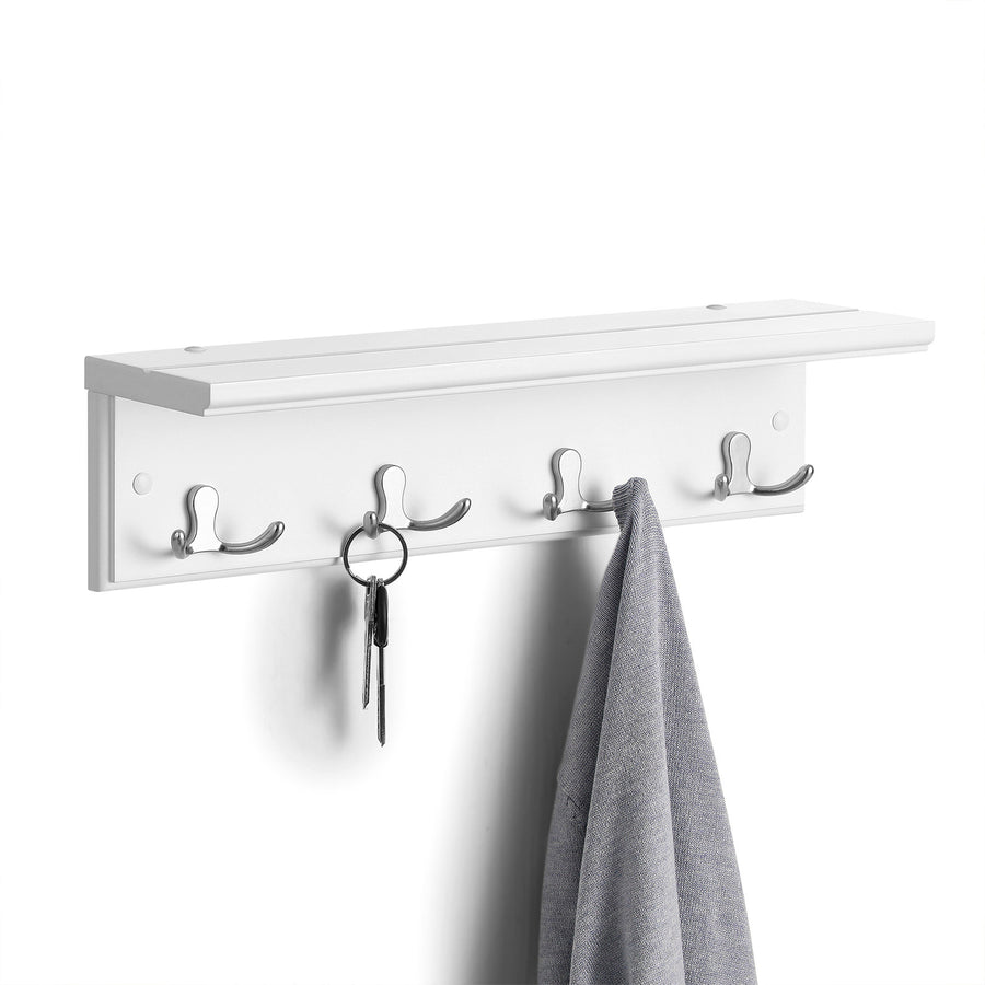 SONGMICS Valkoinen seinänaulakko – 4 tuplakoukkua, MDF ja metallirakenne, koristehylly, 40 x 10,5 x 10,5 cm
