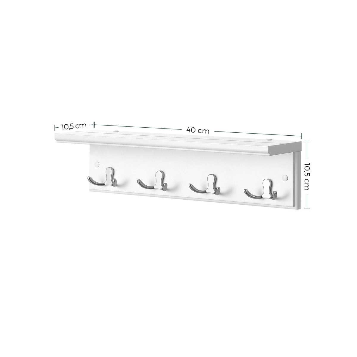 SONGMICS Vit väggkrokställning – 4 dubbla krokar, MDF- och metallkonstruktion, dekorativ hylla, 40 x 10,5 x 10,5 cm