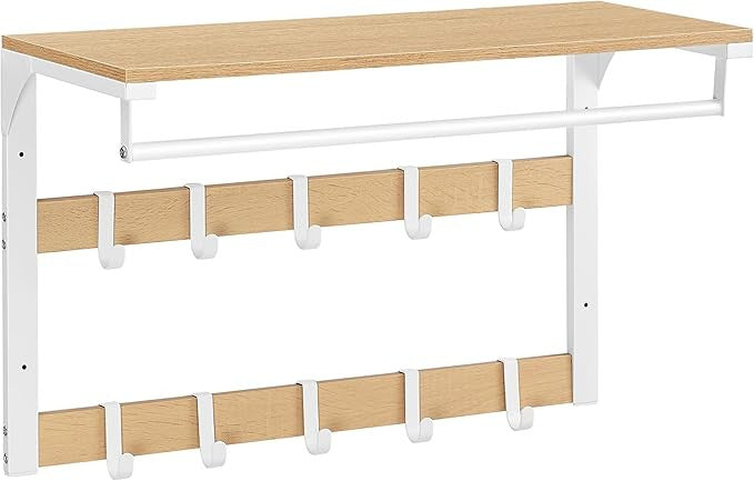 VASAGLE 3-i-1 vägghylla – ekfärgad och vit hylla, hängare och 10 krokar, robust metallram, 30 x 65 x 42 cm