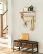 VASAGLE 3-in-1 seinänaulakko – tammenvärinen ja valkoinen hylly, ripustustanko ja 10 koukkua, tukeva metallirunko, 30 x 65 x 42 cm