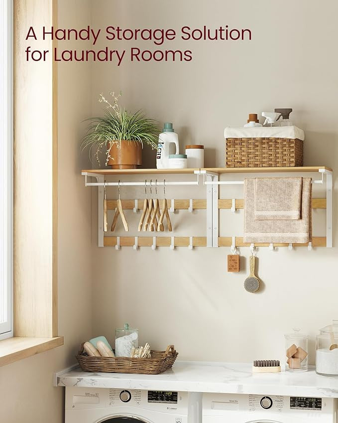 VASAGLE 3-in-1 seinänaulakko – tammenvärinen ja valkoinen hylly, ripustustanko ja 10 koukkua, tukeva metallirunko, 30 x 65 x 42 cm