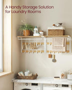 VASAGLE 3-in-1 seinänaulakko – tammenvärinen ja valkoinen hylly, ripustustanko ja 10 koukkua, tukeva metallirunko, 30 x 65 x 42 cm