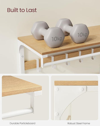 VASAGLE 3-i-1 vägghylla – ekfärgad och vit hylla, hängare och 10 krokar, robust metallram, 30 x 65 x 42 cm