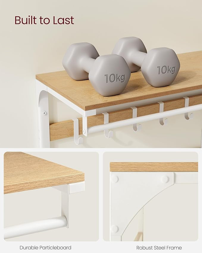 VASAGLE 3-in-1 seinänaulakko – tammenvärinen ja valkoinen hylly, ripustustanko ja 10 koukkua, tukeva metallirunko, 30 x 65 x 42 cm