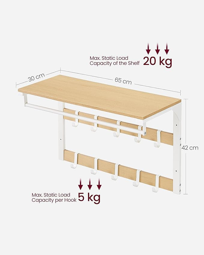 VASAGLE 3-in-1 seinänaulakko – tammenvärinen ja valkoinen hylly, ripustustanko ja 10 koukkua, tukeva metallirunko, 30 x 65 x 42 cm