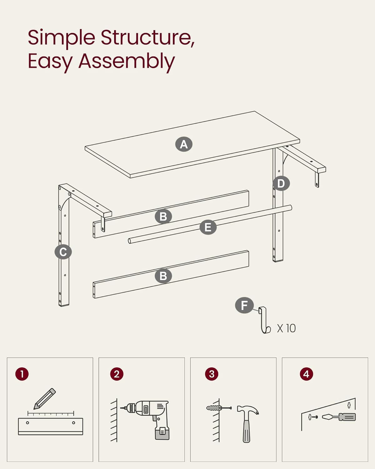 VASAGLE 3-in-1 seinänaulakko – tammenvärinen ja valkoinen hylly, ripustustanko ja 10 koukkua, tukeva metallirunko, 30 x 65 x 42 cm