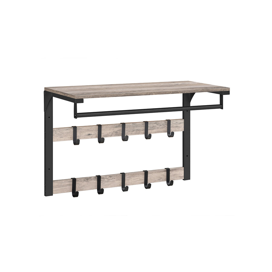 VASAGLE 3-in-1 seinänaulakko – hylly, ripustustanko ja 10 koukkua, teollinen harmaa-musta tyyli, 30 x 65 x 42 cm