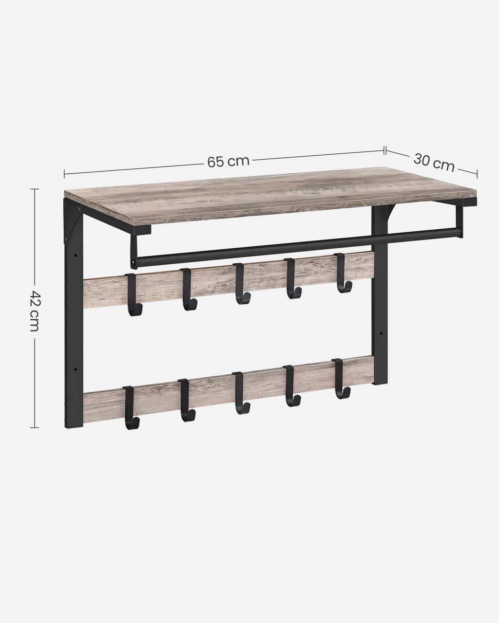 VASAGLE 3-in-1 seinänaulakko – hylly, ripustustanko ja 10 koukkua, teollinen harmaa-musta tyyli, 30 x 65 x 42 cm