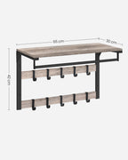 VASAGLE 3-in-1 seinänaulakko – hylly, ripustustanko ja 10 koukkua, teollinen harmaa-musta tyyli, 30 x 65 x 42 cm