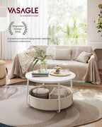 VASAGLE Pyöreä sohvapöytä säilytyskorilla – mattavalkoinen ja kamelinruskea, 75 cm pöytä