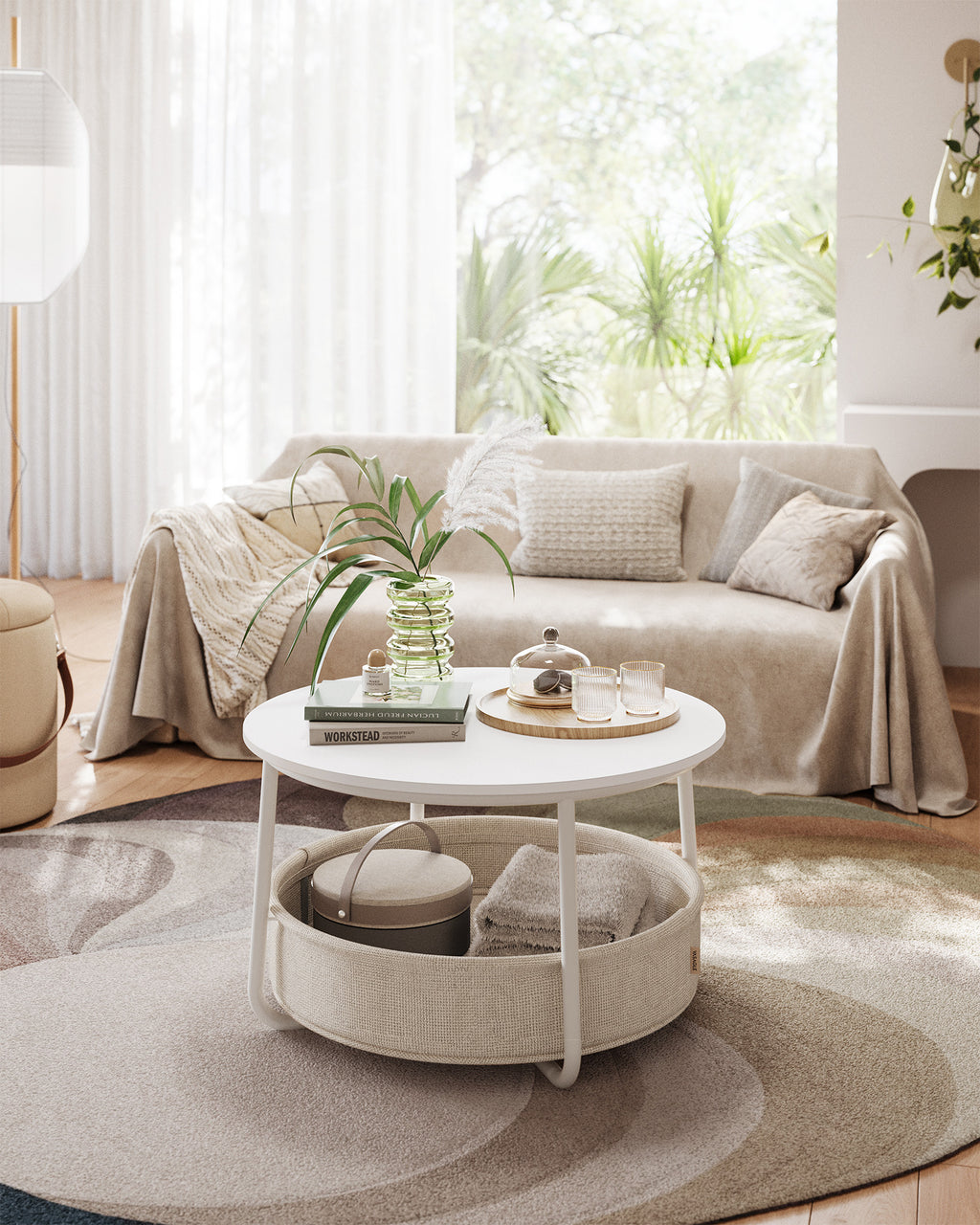 VASAGLE Pyöreä sohvapöytä säilytyskorilla – mattavalkoinen ja kamelinruskea, 75 cm pöytä