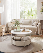 VASAGLE Pyöreä sohvapöytä säilytyskorilla – mattavalkoinen ja kamelinruskea, 75 cm pöytä