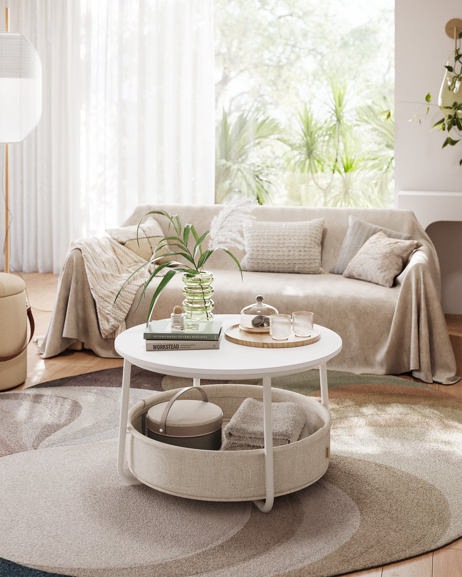 VASAGLE Pyöreä sohvapöytä säilytyskorilla – mattavalkoinen ja kamelinruskea, 75 cm pöytä