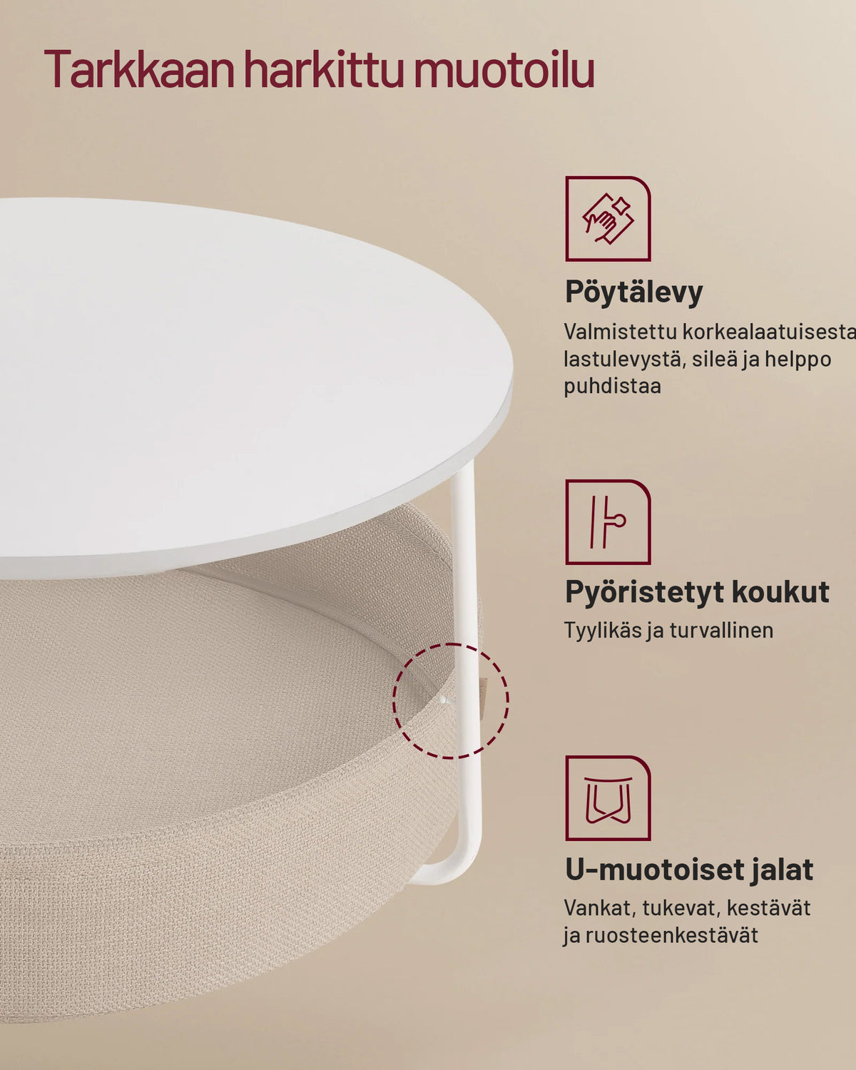 VASAGLE Pyöreä sohvapöytä säilytyskorilla – mattavalkoinen ja kamelinruskea, 75 cm pöytä