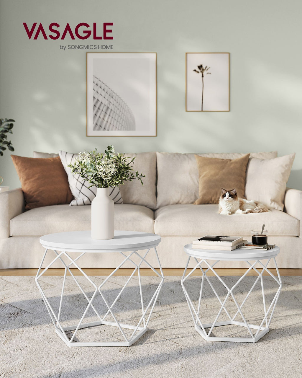 VASAGLE pyöreät sohvapöydät, 2 kpl sivupöytäsarja, 50 & 40 cm, 20 kg kantavuus