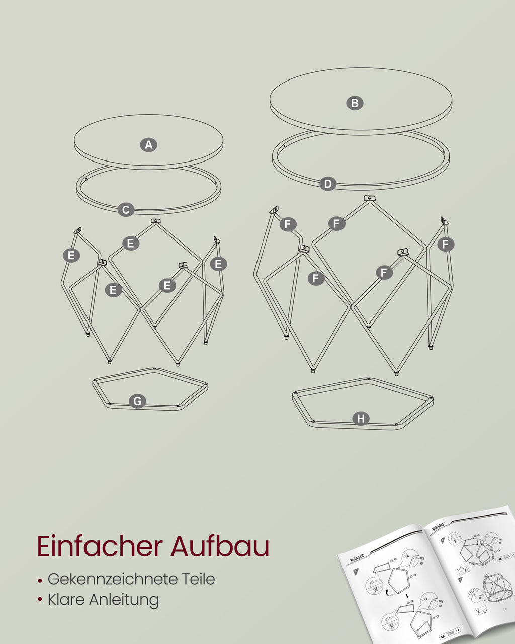 VASAGLE pyöreät sohvapöydät, 2 kpl sivupöytäsarja, 50 & 40 cm, 20 kg kantavuus