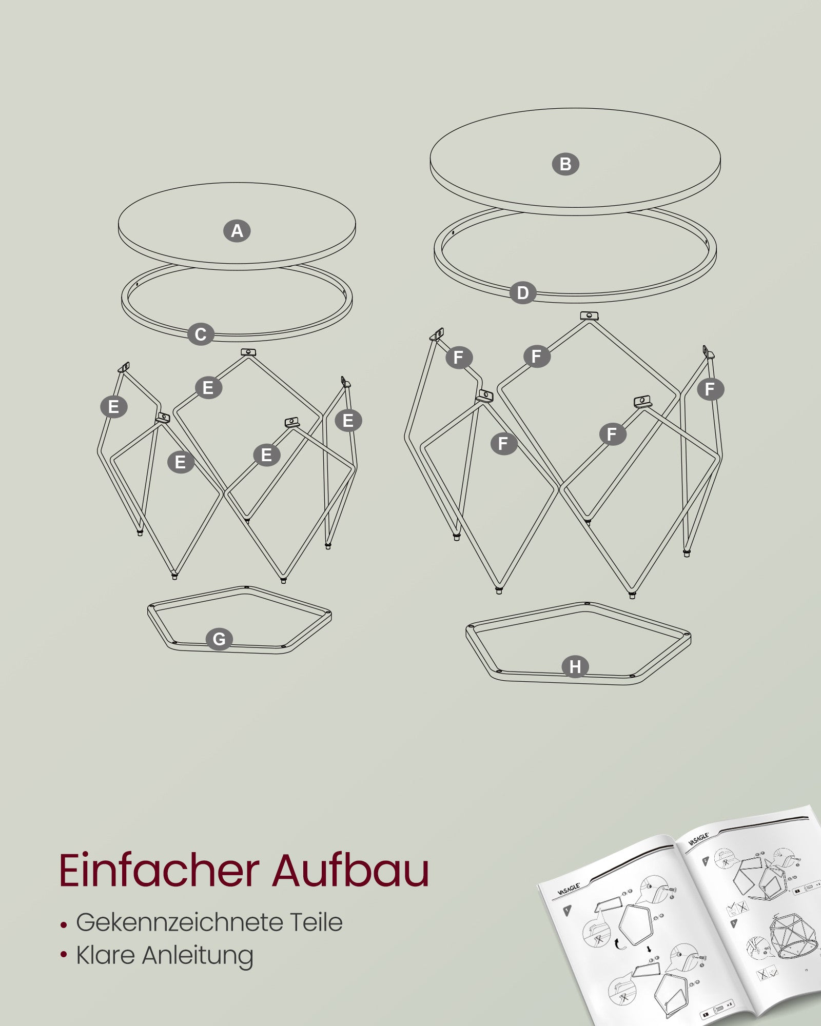 VASAGLE pyöreät sohvapöydät, 2 kpl sivupöytäsarja, 50 & 40 cm, 20 kg kantavuus