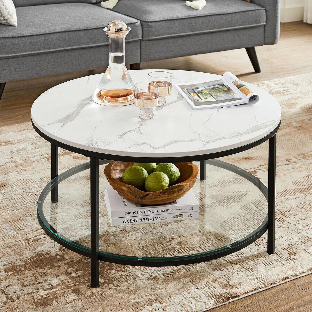 VASAGLE Modernt soffbord med marmormönster – med glashylla och ben i svart stål, 80 x 44,5 cm