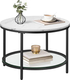 VASAGLE Marmorinvalkoinen sohvapöytä lasihyllyllä, 65 x 65 x 46 cm