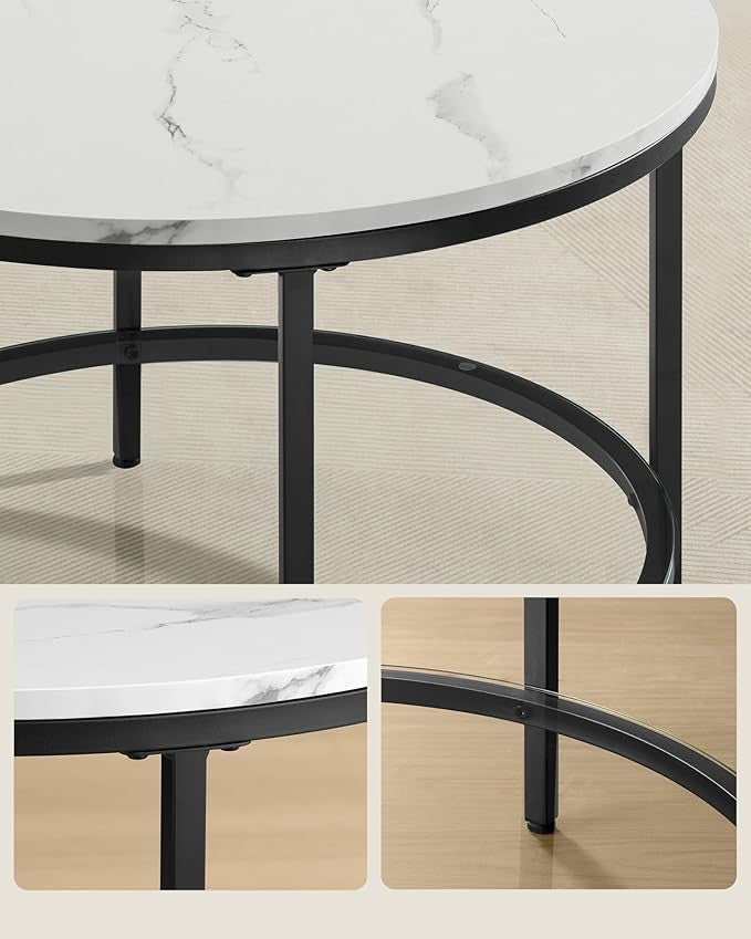 VASAGLE Marmorinvalkoinen sohvapöytä lasihyllyllä, 65 x 65 x 46 cm