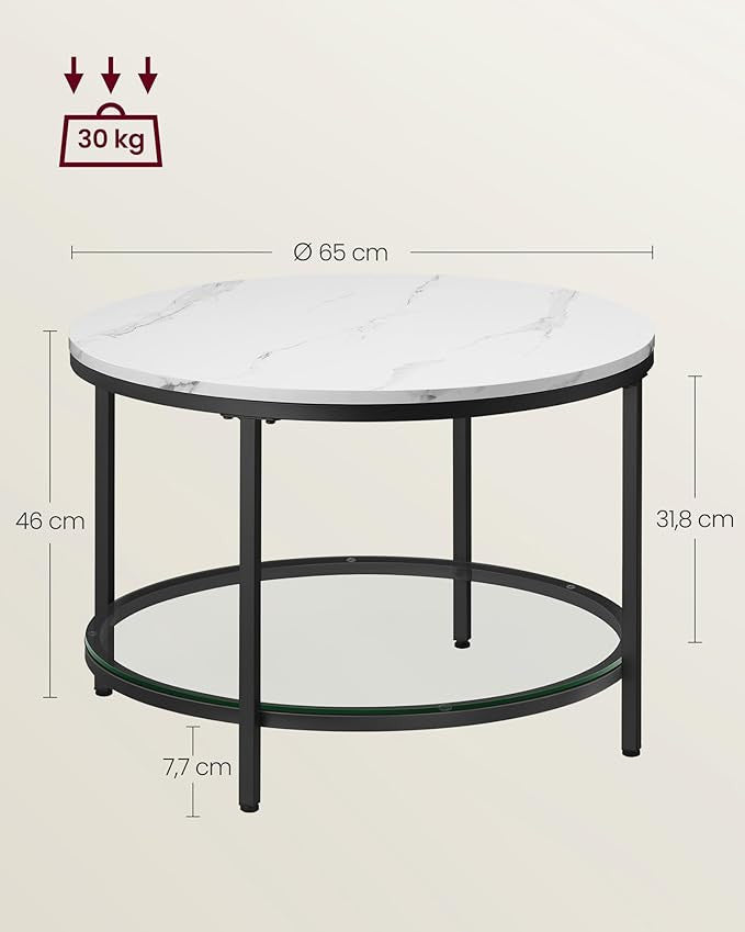 VASAGLE Marmorvitt soffbord med glashylla, 65 x 65 x 46 cm