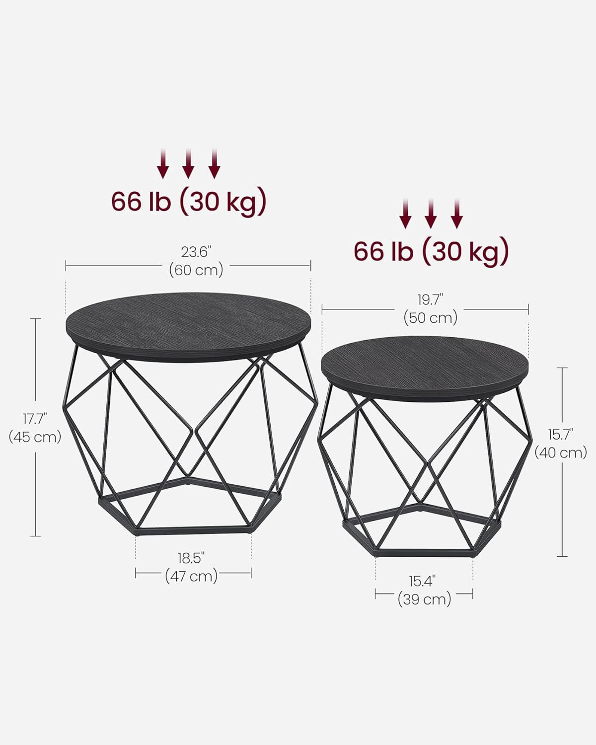 VASAGLE Tvådelat soffbordsset 60 &amp; 50 cm, robust stålram