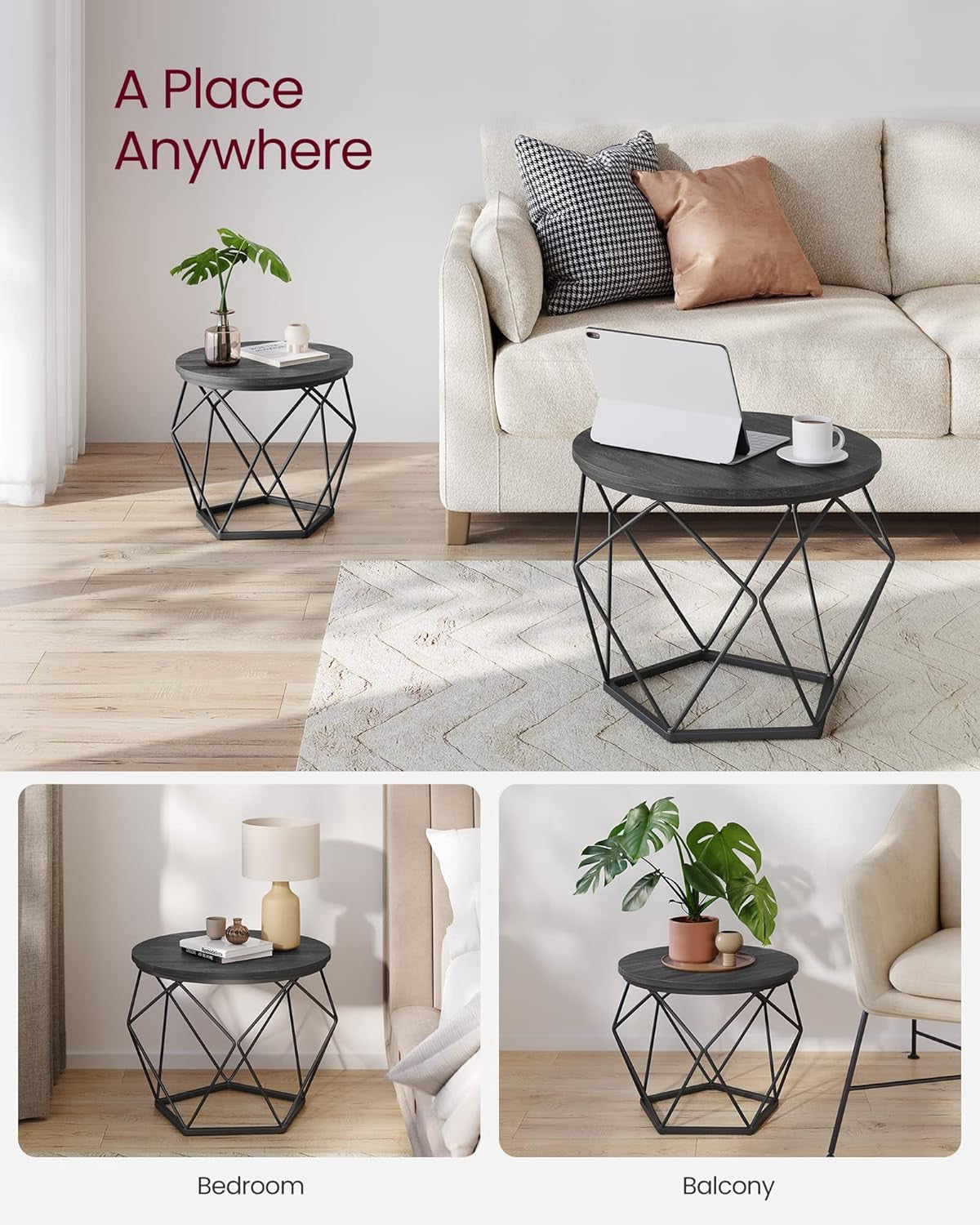 VASAGLE Kaksiosainen sohvapöytäsarja 60 & 50 cm, tukeva teräsrunko